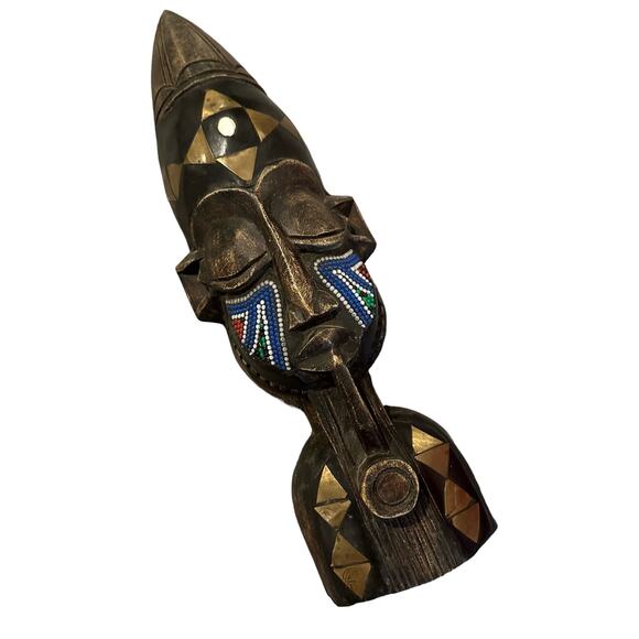 Wooden Mask Ghana Africa Ghanean Tribal Beaded Cheeks African Art Embossed Metal - Picture 11 of 11